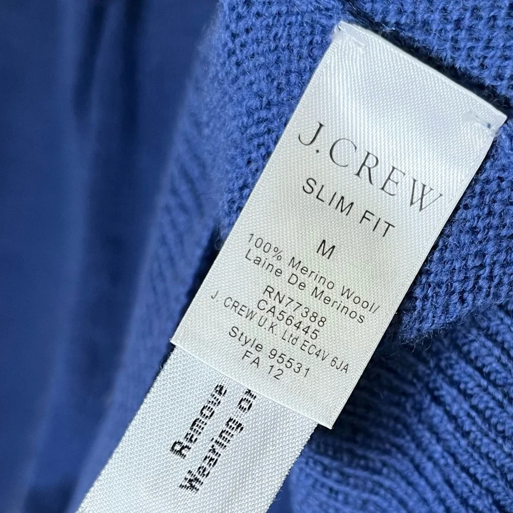 J.Crew Merino Sweater Men's M Blue‎ Brown Leather Elbow Trim Round Neck Pullover